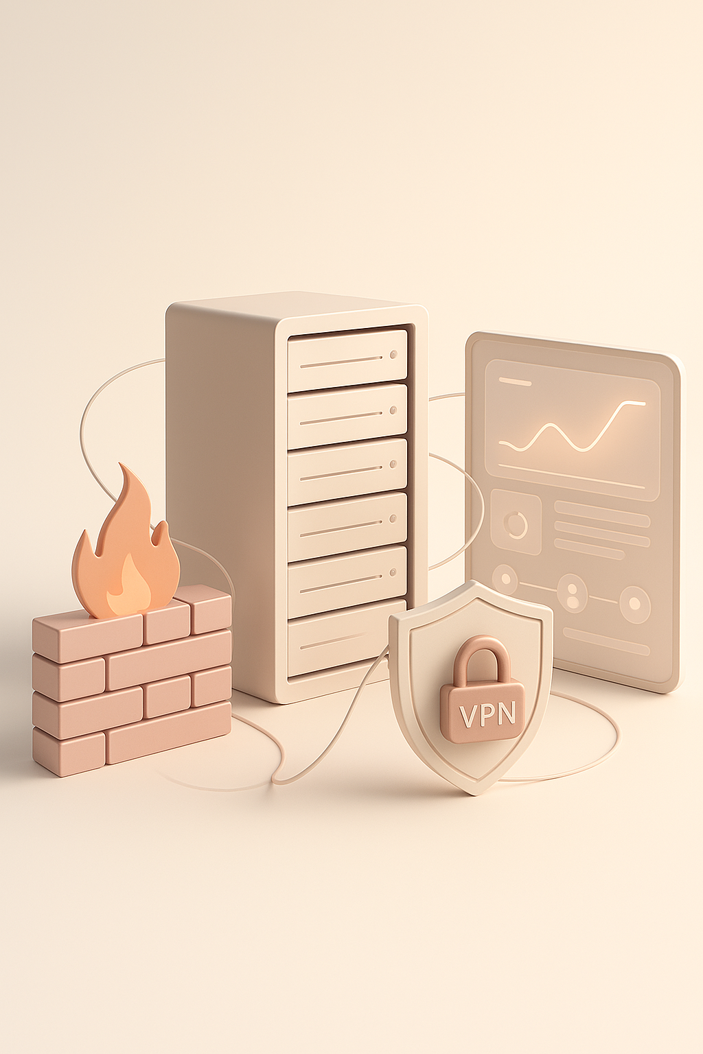 Moderne Infrastruktur- und Sicherheitsvisualisierung mit Server, Firewall und VPN-Anmutung.