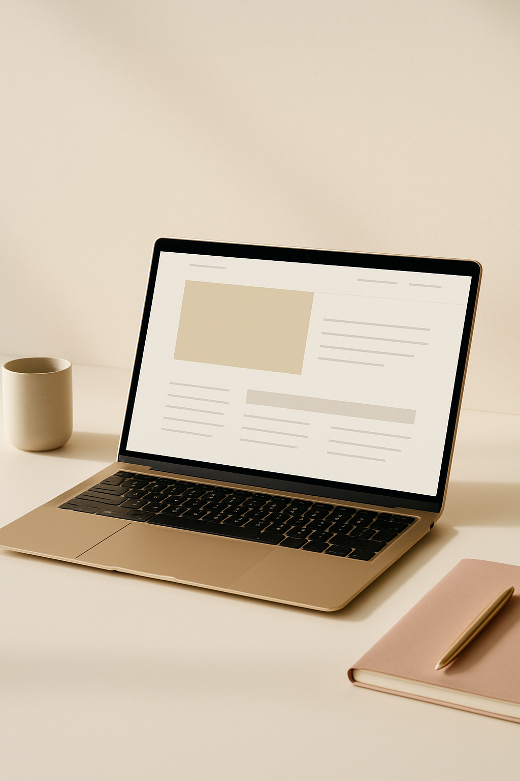 Editoriales Website-Design auf einem Laptop in einer ruhigen, hellen Arbeitsumgebung.